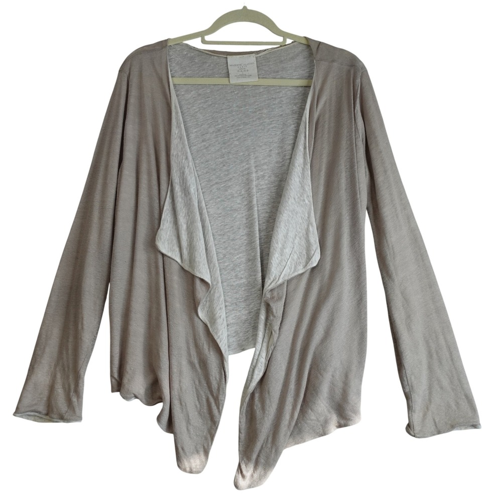 Majestic Filatures Cardigan Womens 2 Tan Waterfall Open 100% Linen Top Minimal